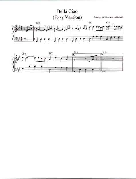 Bella Ciao Easy Version Piano Solo Digital Sheet Music Key Of G Minor