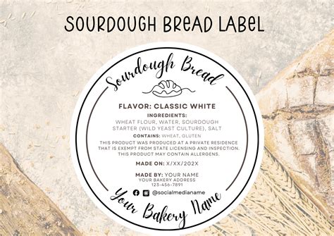Cottage Law Sourdough Ingredient Label, Bread Bakery Business Label