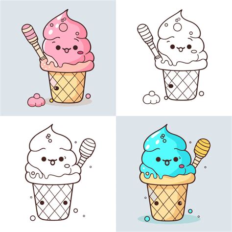 Cute Ice Cream Cartoon Line Art Vector Icon Illustration Food Drink