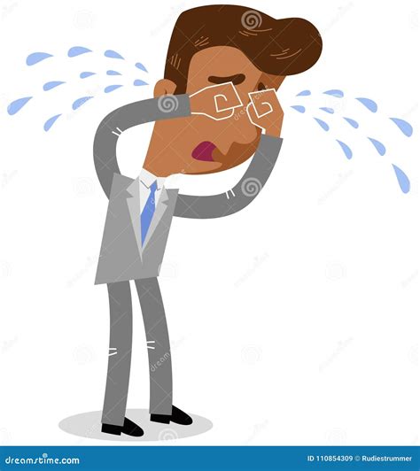 Vector Illustration Of A Sad Asian Cartoon Businessman Crying His Eyes