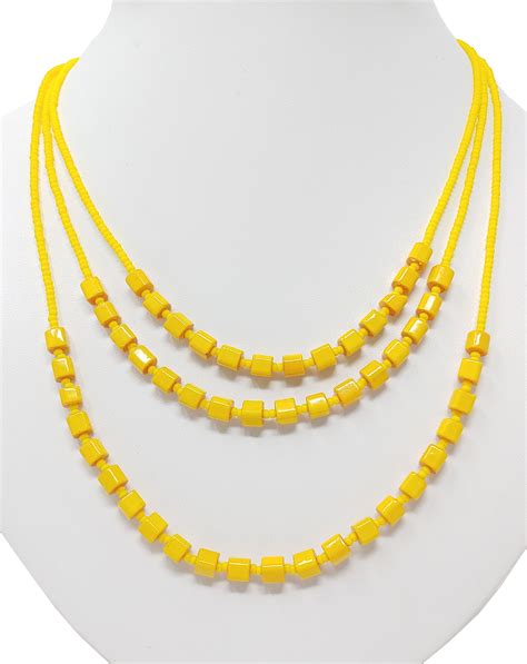 Yellow Glass Beaded Necklace Multi Strand Chunky Design Women Fashion Statement Necklace