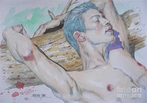 Original Watercolor Male Nude 1751 Painting By Hongtao Huang Fine