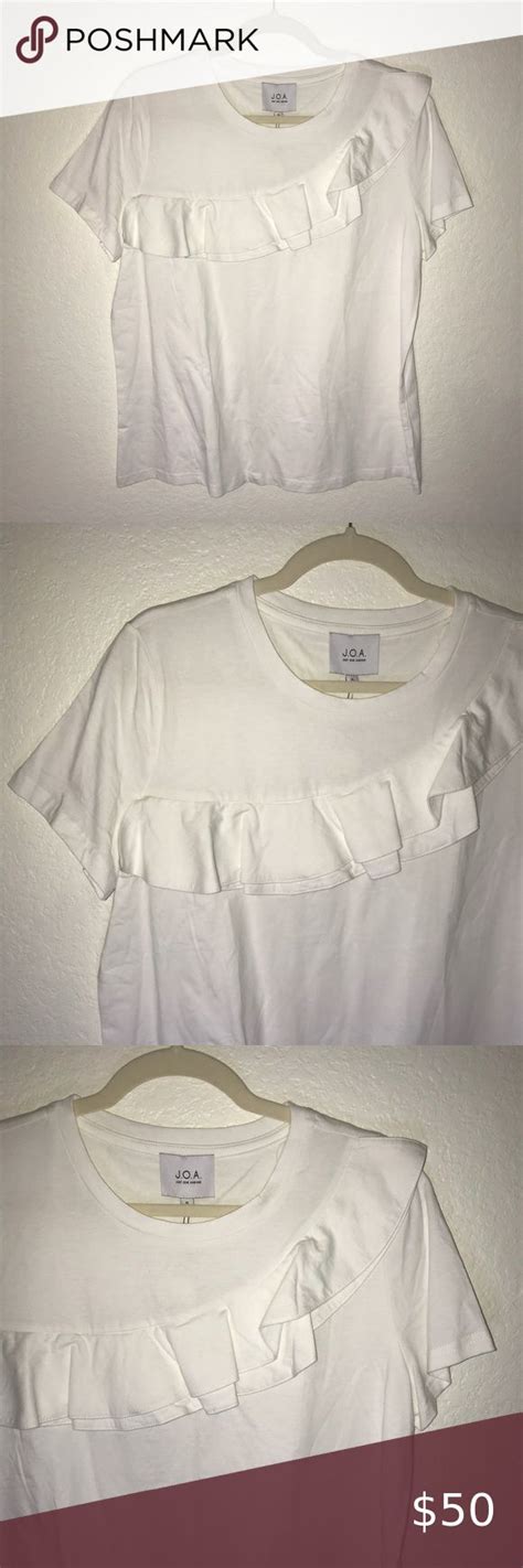 Anthropologie Top J O A White Diagonal Ruffle Front Short Sleeve Tee