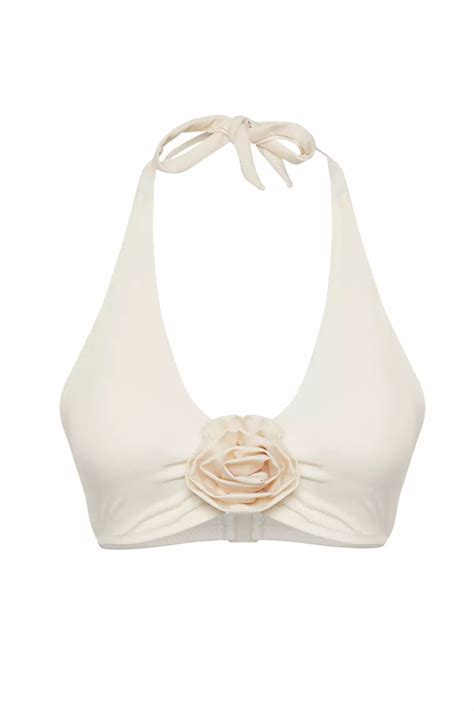 Buy Trendyol Ecru Triangle Floral Applique Bikini Top Online ZALORA