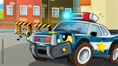 Cartoon scene of police pursuit - policeman is waiting on barricade - hidden - illustration for ...