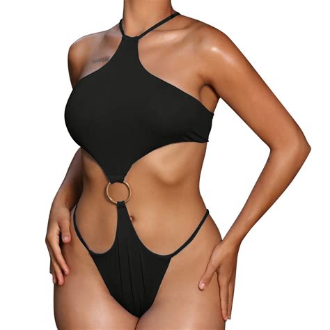 One Piece Swimsuit Women Plus Size Swimsuit Sexy Bikini Solid Color Hanging Neck Lace Swimsuit