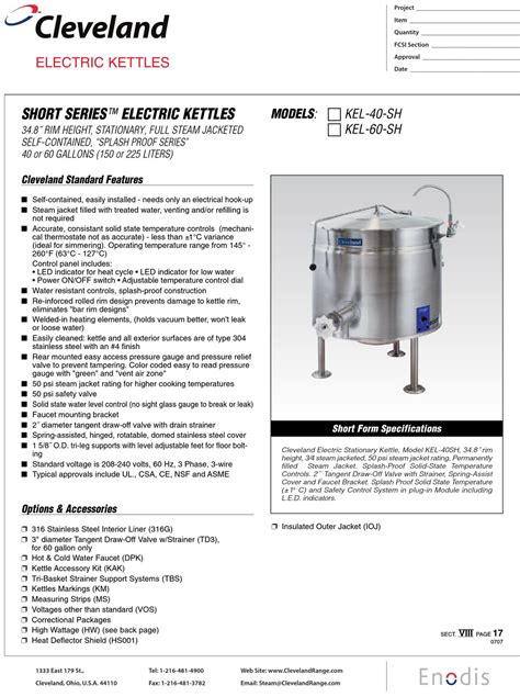 Cleveland Kel Sh Kettle Specifications Manualslib