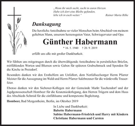 Traueranzeigen Von G Nther Habermann Trauer Flz De