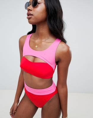 Asos Design Bas De Bikini Taille Haute Chancr Color Block Rouge Rose Asos