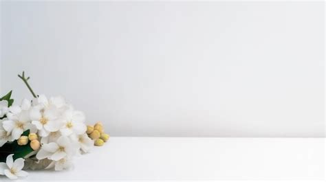 Premium AI Image | White flowers on a white table with a blank wall in ...