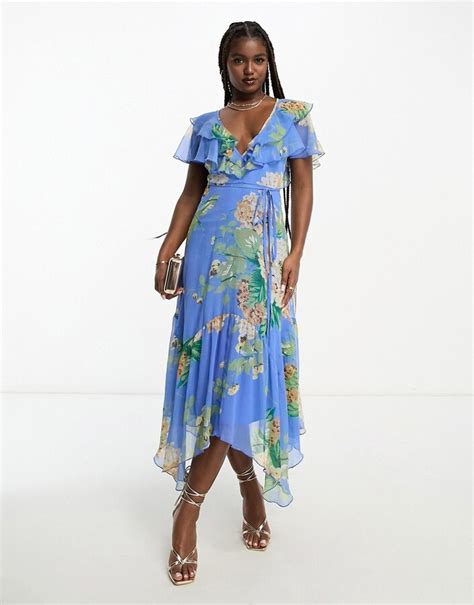 Asos Design V Front V Back Ruffle Midi Dress With Flutter Sleeve And Tie Belt In Blue Floral