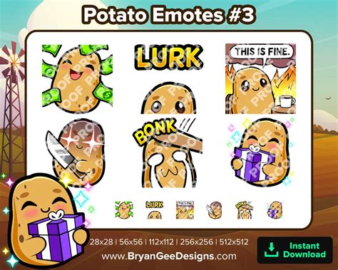 Potato Twitch Emotes Dono Lurk This Is Fine Evil Knife Hit Gift For