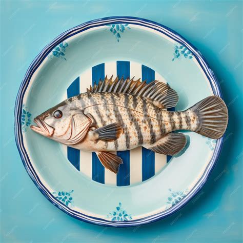 Premium Photo Grouper On Plate Art Print With Blue And White Striped