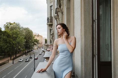 Anastasia Grinenko Women Brunette Nipple Bulge Balcony Dress