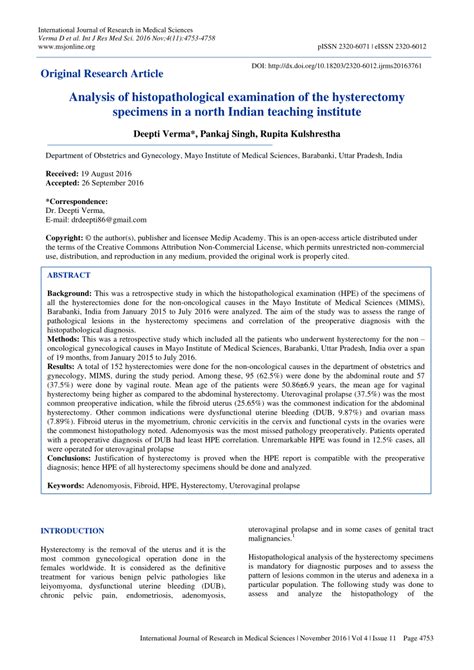 Pdf Analysis Of Histopathological Examination Of The Hysterectomy Specimens In A North Indian