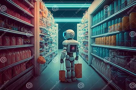 Robot Browsing Through The Aisles Of Futuristic Grocery Store Stock