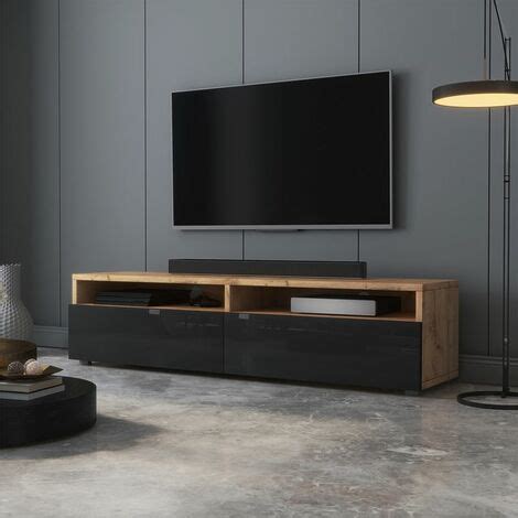 Selsey Rednaw Mueble TV Con Dos Cajones Roble Wotan Negro Brillo