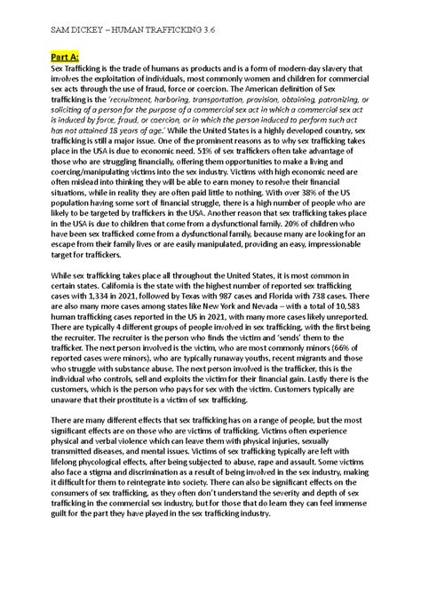 Human Trafficking Assessment Final Part A Sex Trafficking Is The Trade Of Humans As Products