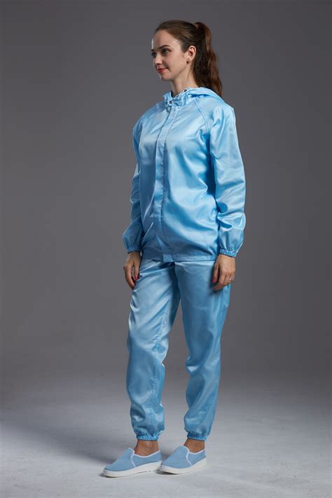 Blue color antistatic esd cleanroom jacket and pants workwear with hood for class 1000 or higher