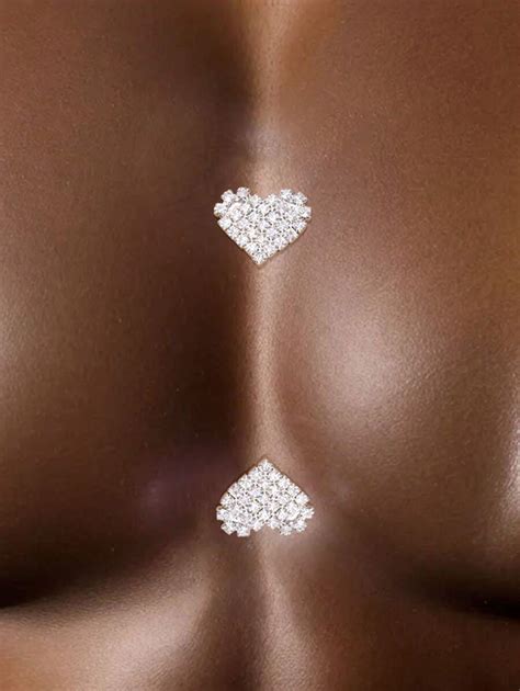 2 Silver Rhinestone Heart Shaped Small Nipple Stickers Cleavage