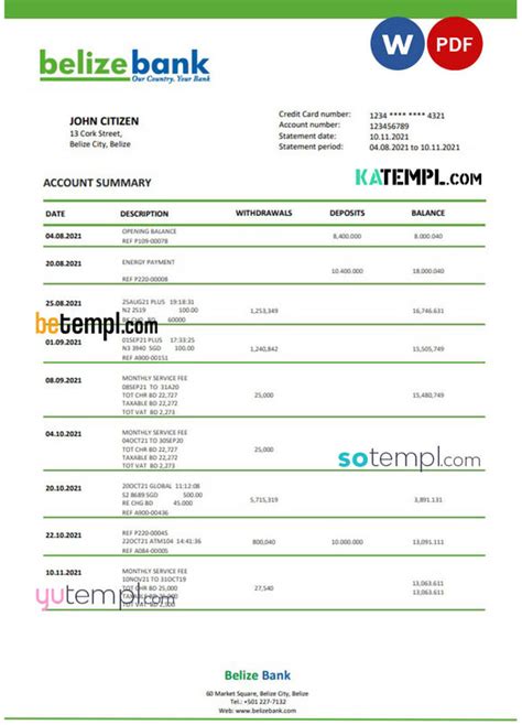 Belize Bank Statement Template In Word And Pdf Format Fully Editable