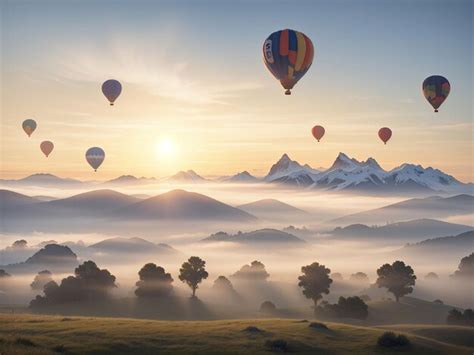 Premium AI Image Landscape Of Morning Fog And Mountains With Hot Air