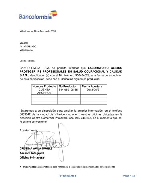 Certificacion Bancaria Bancolombia Importante Esta Constancia