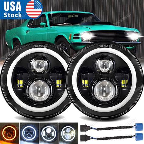 For Ford Mustang 1965 1978 7 INCH Round LED Headlights Halo DRL Angel