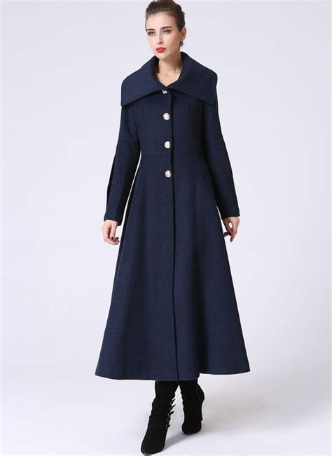 Long Blue Winter Coat Large Collar Mid Calf Length Single Breasted