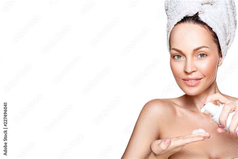 Beautiful Woman Portrait With Mature Aging Skin Nude Fresh Make Up Towel On Head And Cream In