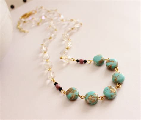 Crystal Necklace. Aqua Beads. Gold Plated. Special Occasion.