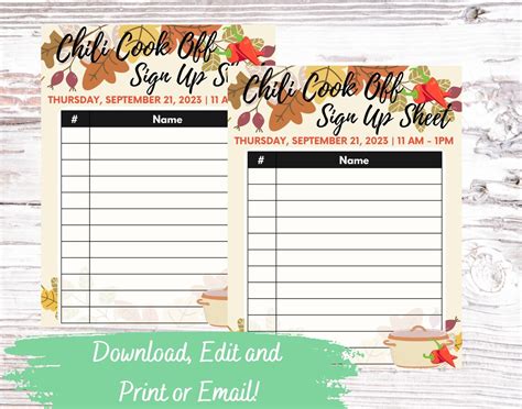 EDITABLE And Printable Chili Cook Off Sign Up Sheet Template Instant