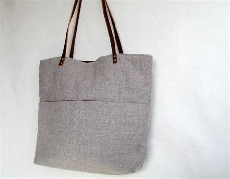 Large Linen Tote Pocketed Front Linen Tote Bag Linen Etsy