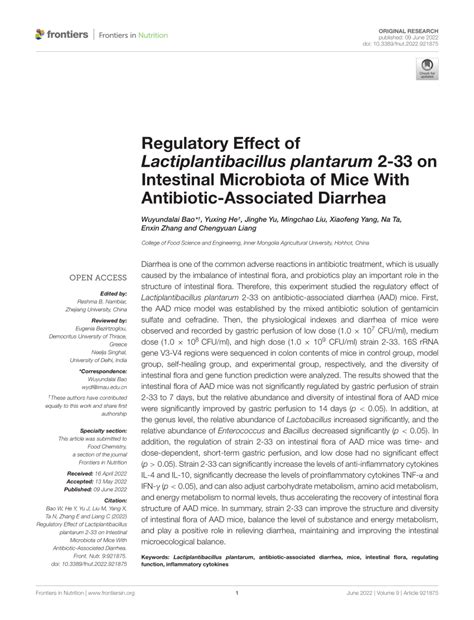 PDF Regulatory Effect Of Lactiplantibacillus Plantarum 2 33 On