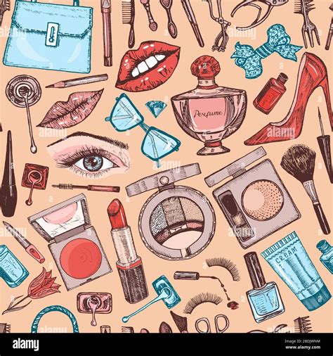 Cosméticos Para Maquillaje Patrón De Fondo Sin Costuras Doodle Una Colección De Productos