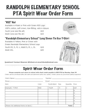 Fillable Online RANDOLPH ELEMENTARY SCHOOL PTA Spirit Wear Order Form