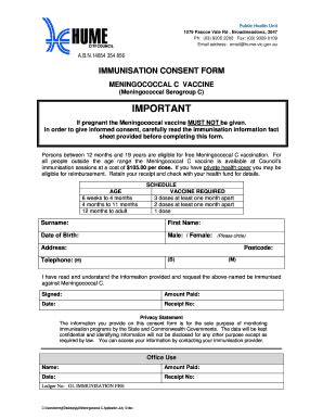 Fillable Online Hume Vic Gov Immunisation Consent Form Humevicgovau