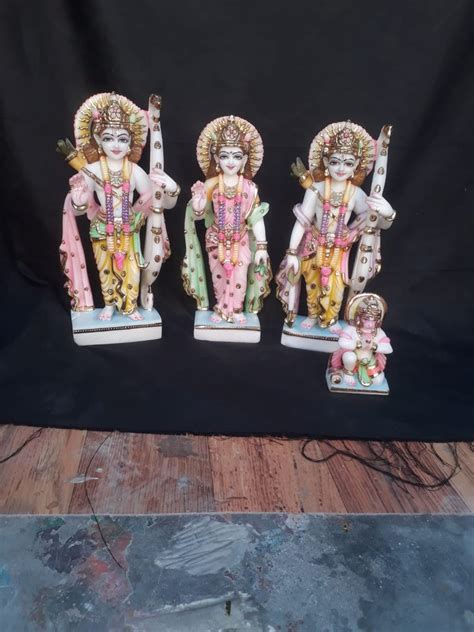 Painted Hindu White Marble Ram Darbar Statue For Worship Size 12