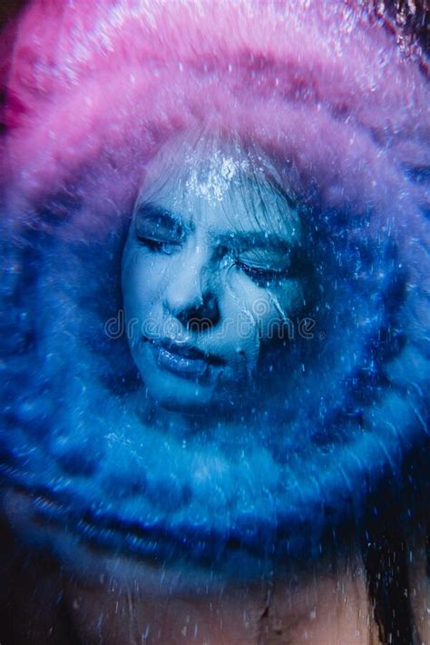 Non Washable Make Up Portrait Of A Girl Taking A Shower Stock Image