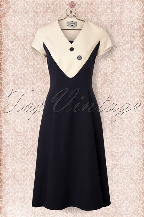 40s Jenna Flared Dress In Navy And Cream