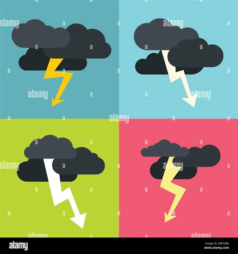 Thunderclouds Flat Icons On Color Background Storm Cyclone With Dark