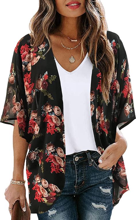 Womens Floral Print Puff Sleeve Kimono Cardigan Loose Cover Up Casual