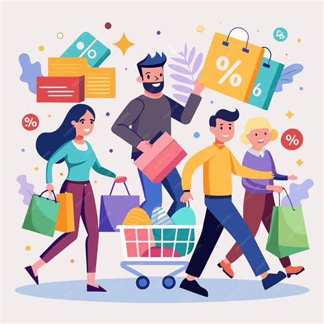 Premium Vector | Happy Shoppers Enjoying Huge Discounts with Bags and Cart