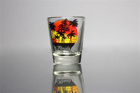 Souvenir Shot Glass Florida Sunset With Palm Trees Clear Glass Pryo Glazed Collectible Barware