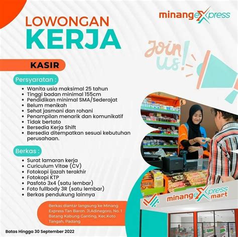 Lowongan Kerja Kasir Dan Pramuniaga Minang Express Pendidikan Minimal