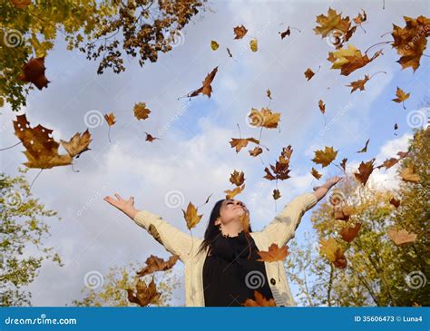 Woman Throwing Leaves Stock Image Image Of Foliage Playing 35606473