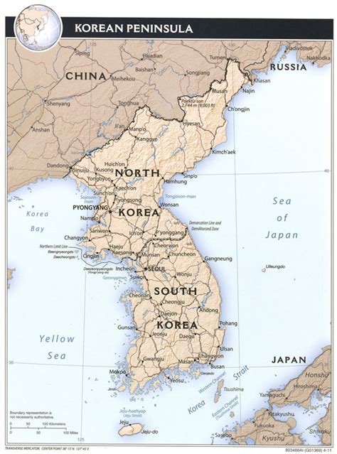 Detailed political and administrative map of Korean Peninsula with relief, roads and major ...