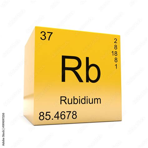 Rubidium Chemical Element Symbol From The Periodic Table Displayed On Glossy Yellow Cube Stock