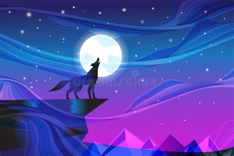 Paisagem Noturna Lobo Uivante Na Lua Ilustração Stock Ilustração