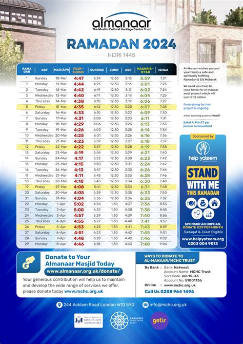 Ramadan Timetable 2024 Al Manaar